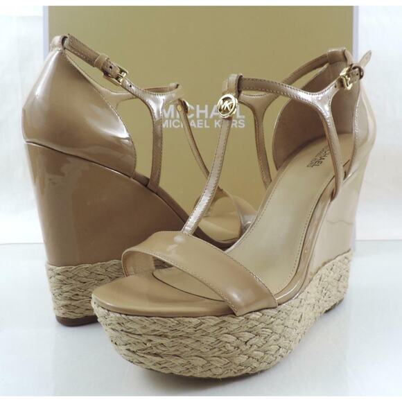 Women's Shoes Michael Kors Kerri Wedge Platform Heels Sandal Nude Patent Size 10 - Picture 3 of 9